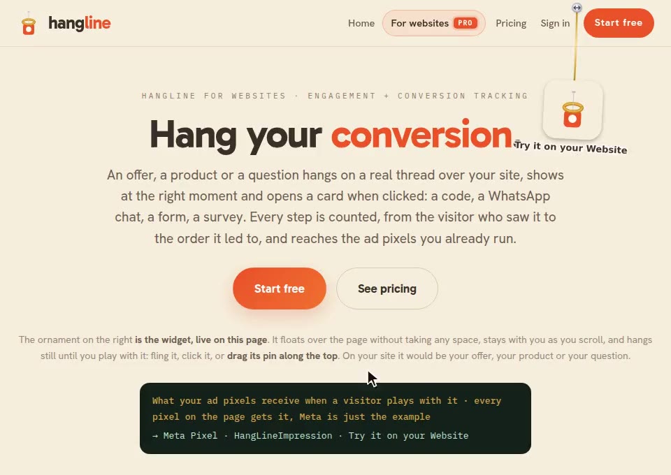 HangLine for websites: an ornament hanging over a web page
